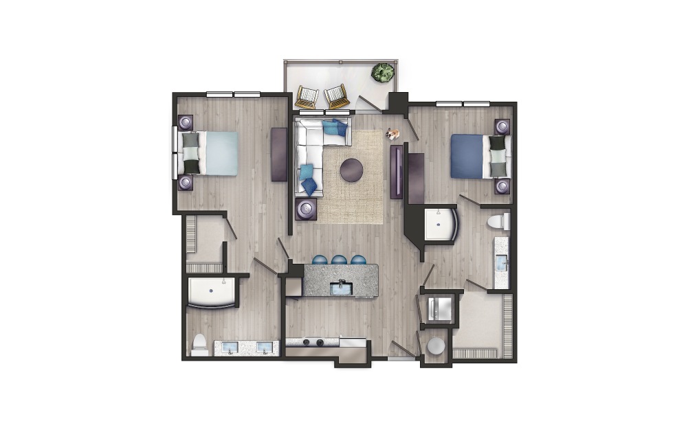 Aramis - 2 bedroom floorplan layout with 2 bathrooms and 954 - 1154 square feet